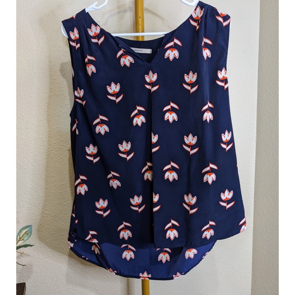 41 Hawthorn Navy Mod Floral Tulip Print Sleeveless V-Neck Pleated Blouse L